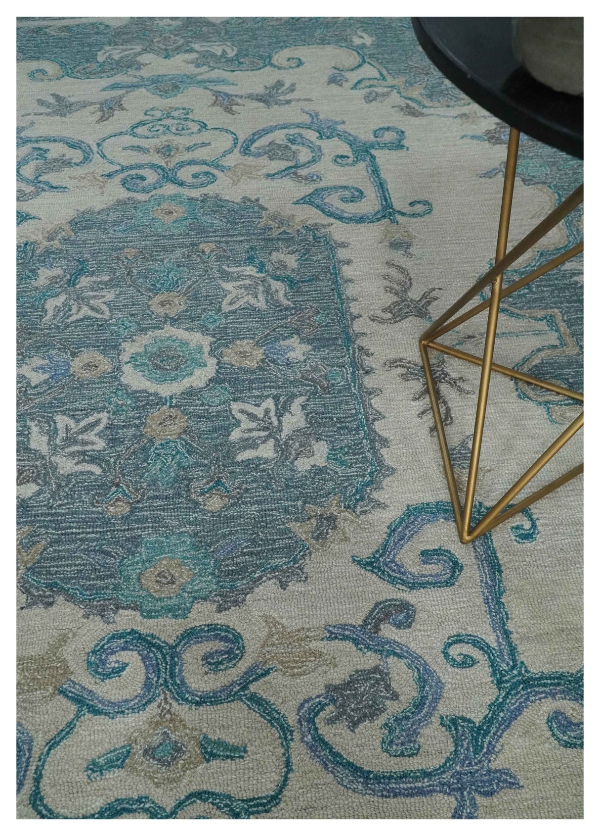 French Design Aubusson Custom Made Ivory and Blue Hand Tufted Wool Area Rug