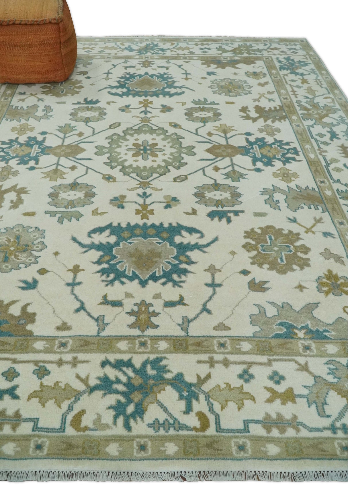 Hand Knotted Ivory, Beige and Teal Antique look Traditional Oushak Multi Size Wool Area Rug