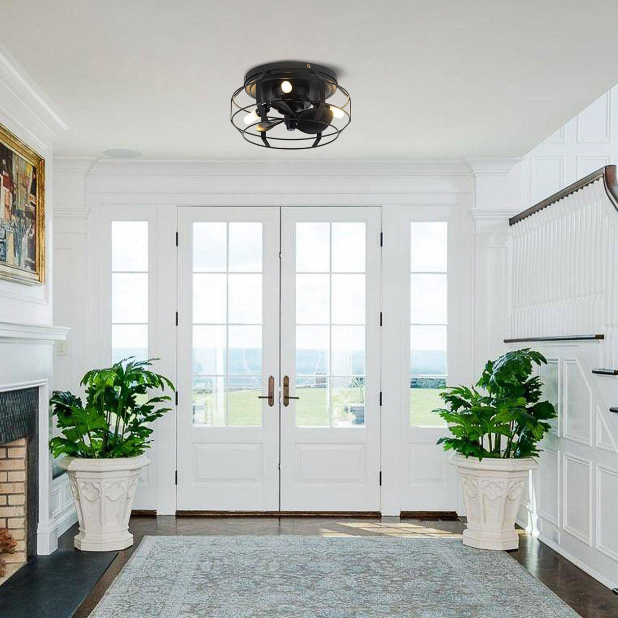 12" Flush Mount Low Profile Caged Small Ceiling Fan with Light and Remote Control