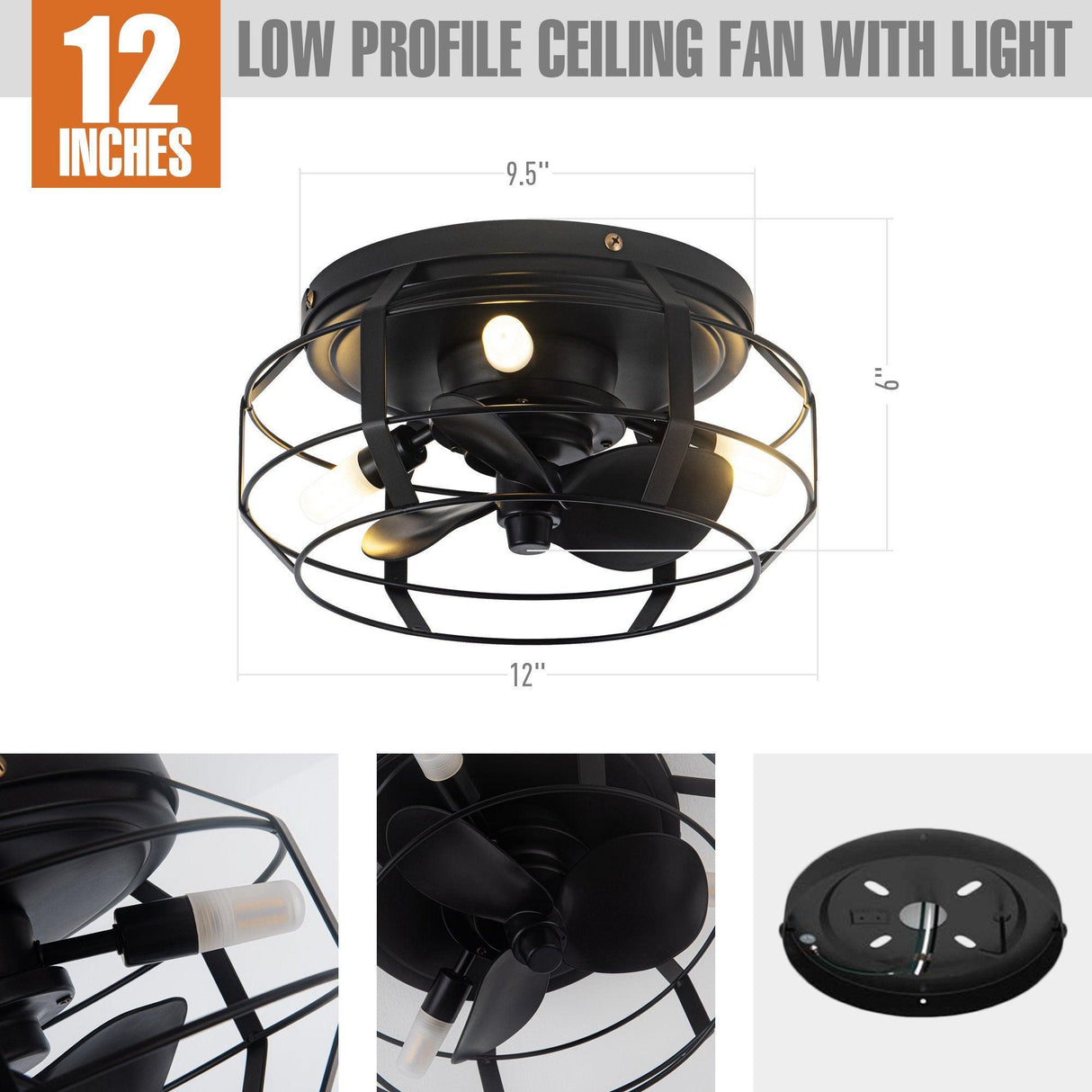 12" Flush Mount Low Profile Caged Small Ceiling Fan with Light and Remote Control