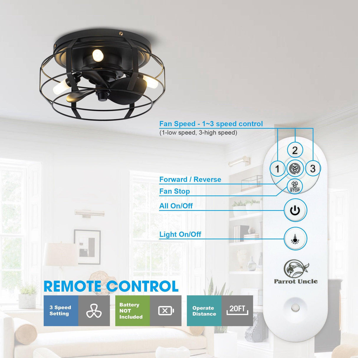 12" Flush Mount Low Profile Caged Small Ceiling Fan with Light and Remote Control