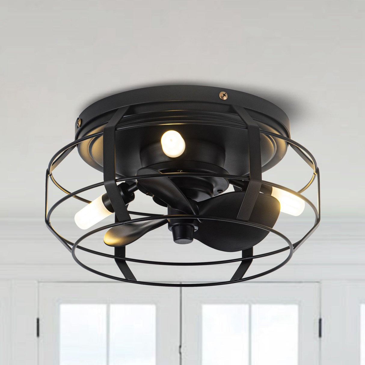 12" Flush Mount Low Profile Caged Small Ceiling Fan with Light and Remote Control