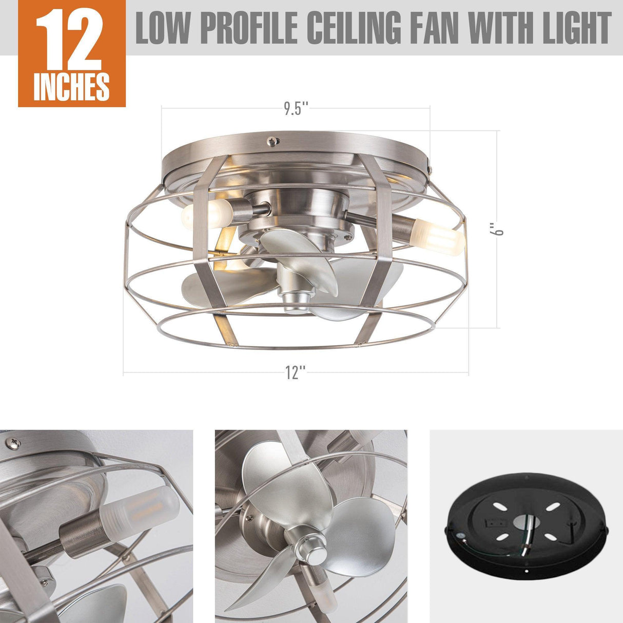 12" Flush Mount Low Profile Caged Small Ceiling Fan with Light and Remote Control