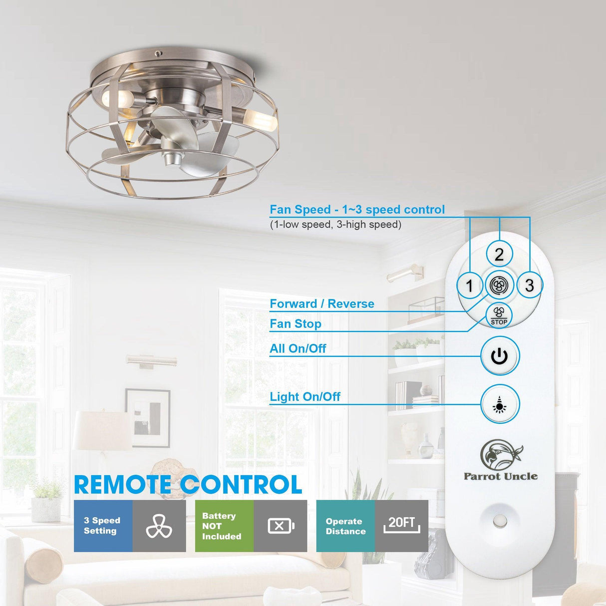 12" Flush Mount Low Profile Caged Small Ceiling Fan with Light and Remote Control
