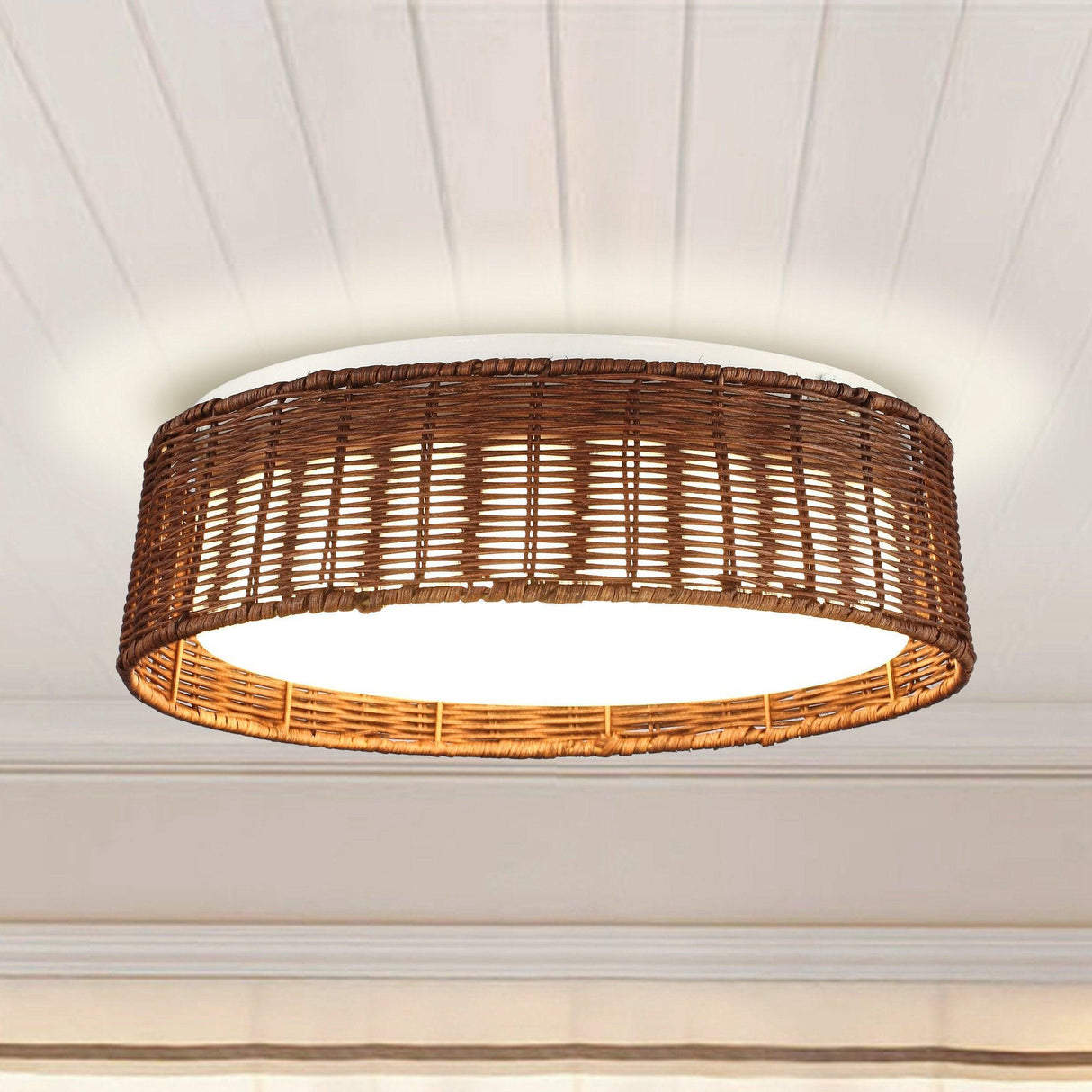 17" Traditional Brown Rattan Flush Mount Lighting with LED