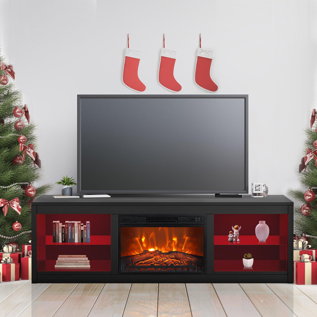 Modern 66" LED TV Stand with 23" Insert Electric Fireplace for Living Room