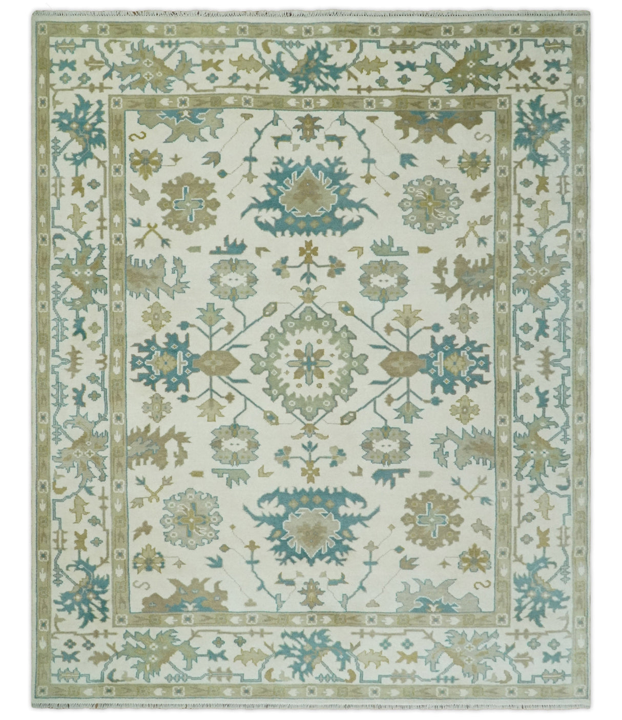 Hand Knotted Ivory, Beige and Teal Antique look Traditional Oushak Multi Size Wool Area Rug