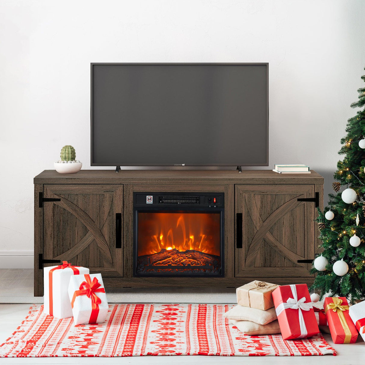 Modern White Electric Fireplace TV Stand For 58 Inch TV Storage Cabinet For Living Room