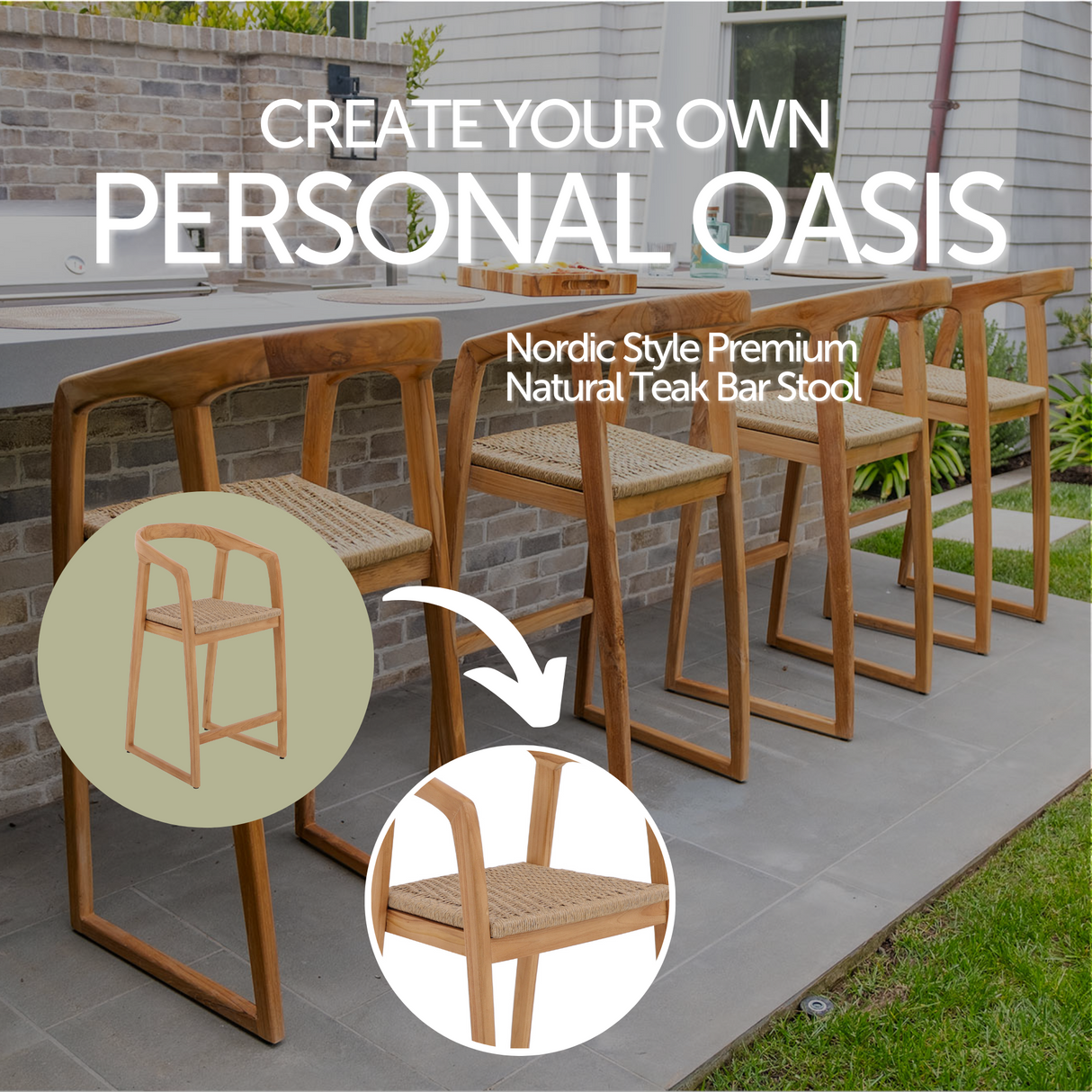 Ubud Natural Teak Indoor/Outdoor Bar Stool - 30"