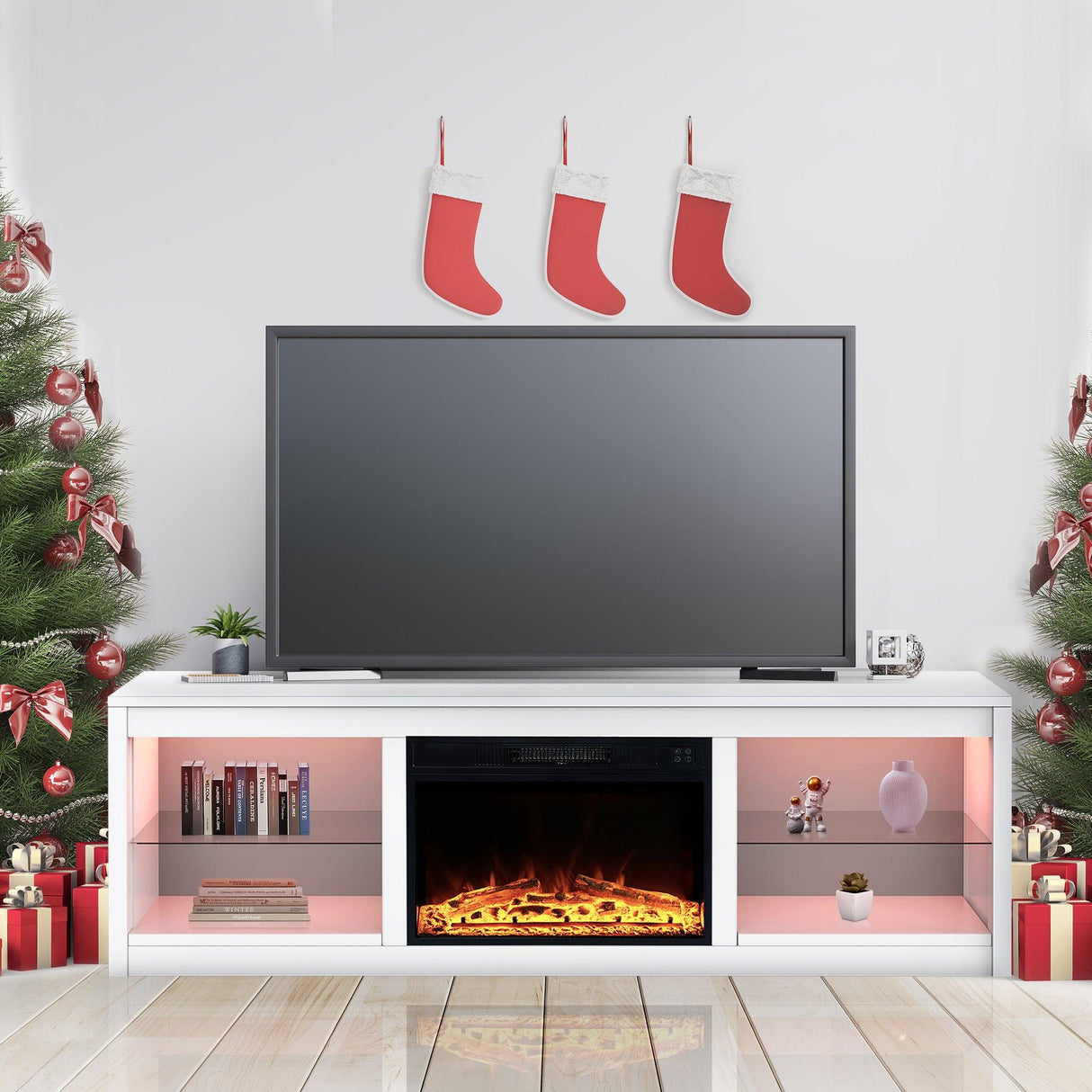 Modern 66" LED TV Stand with 23" Insert Electric Fireplace for Living Room