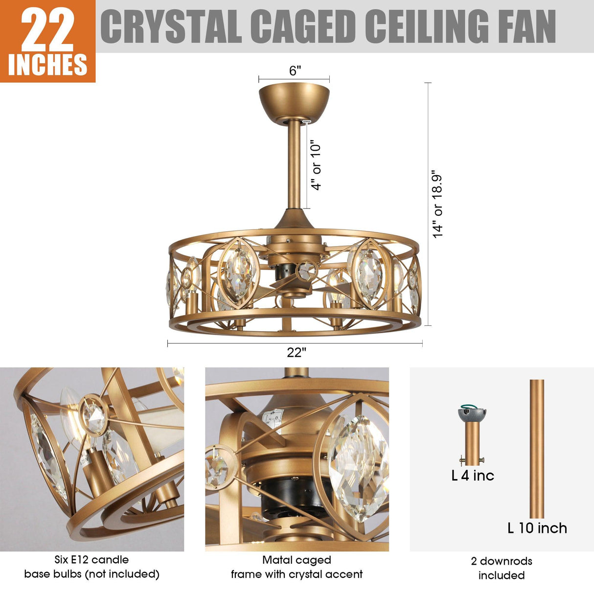 22" Kashmir Modern Glod Reversible Crystal Fandelier Ceiling Fan with Lighting and Remote Control