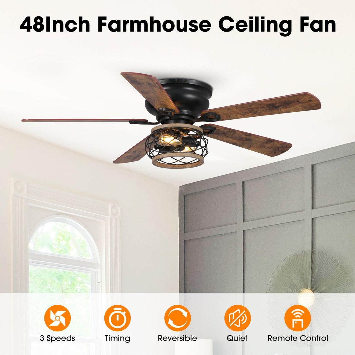 48" Antwerp Farmhouse Flush Mount Reversible Ceiling Fan with Lighting and Remote Control
