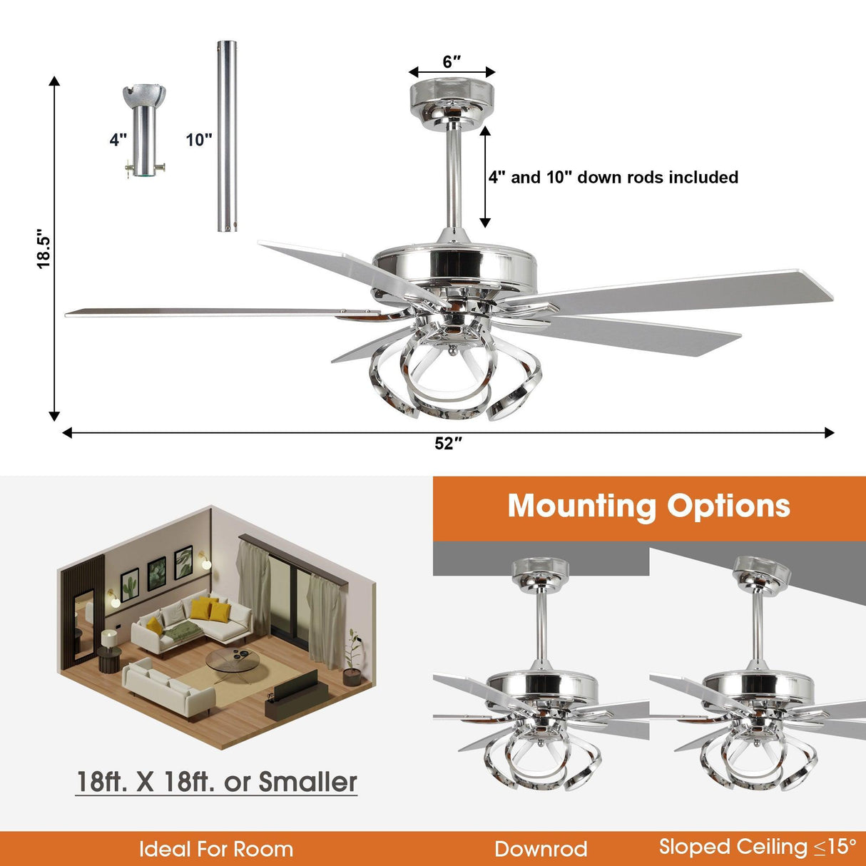 52" Zelda Modern DC Motor Downrod Mount Reversible Ceiling Fan With Remote Control