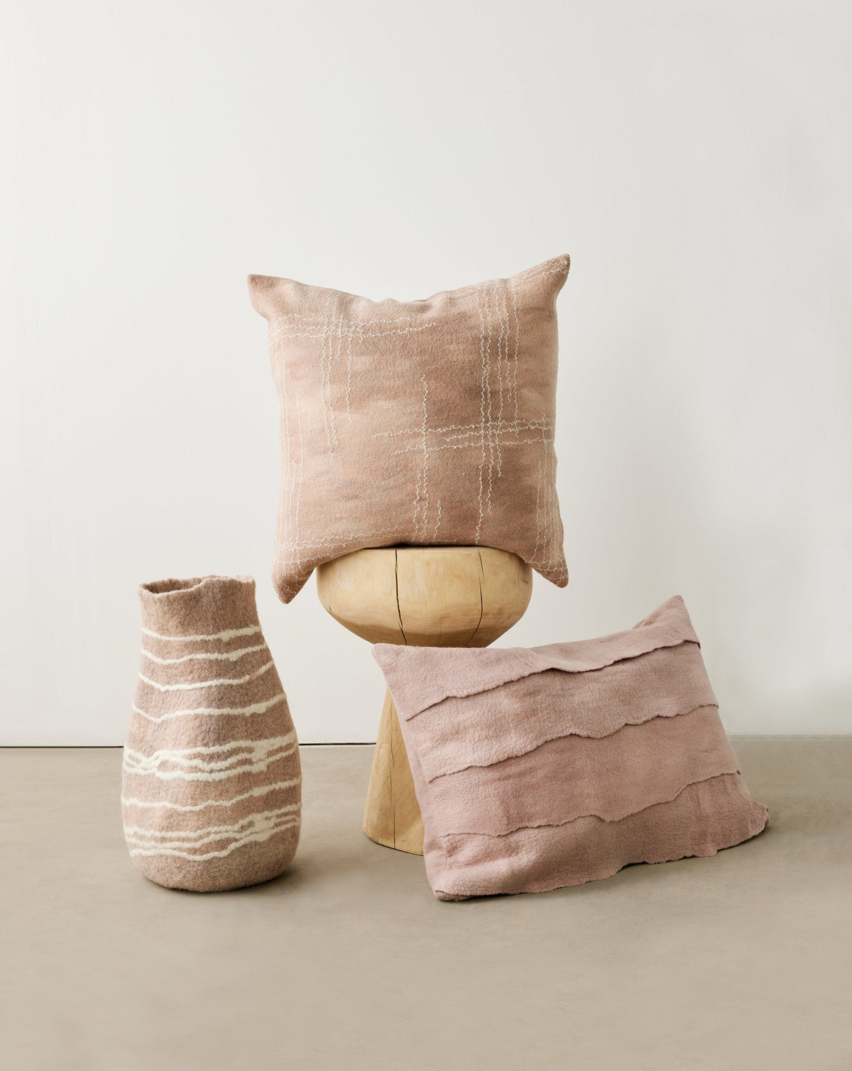 Tribal Lines Dusty Rose Pink Wool Gourd Basket