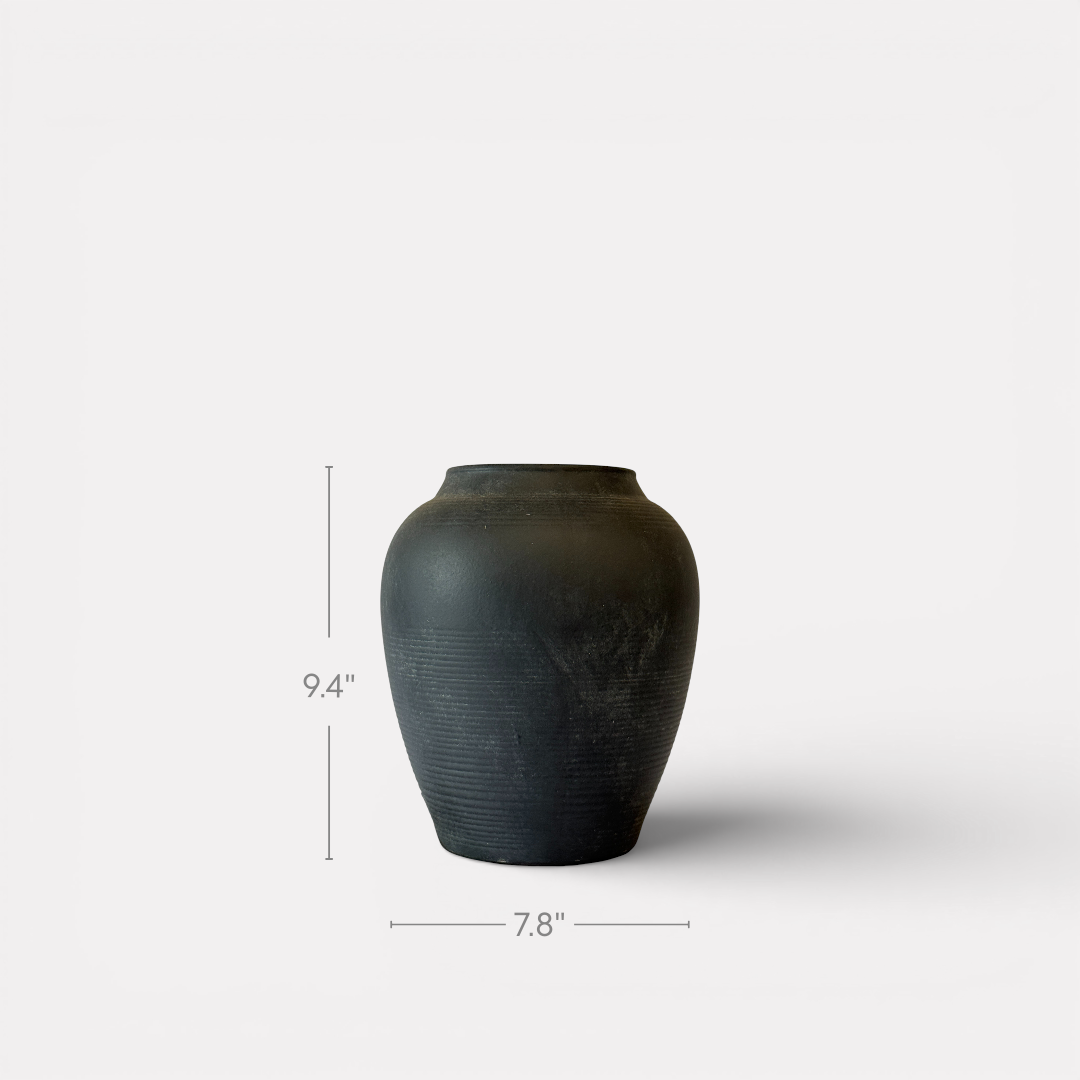 Heritage Classic Terracotta Vessel - Hand-Painted in Weathered Black, 7.8"D x 9.4"H