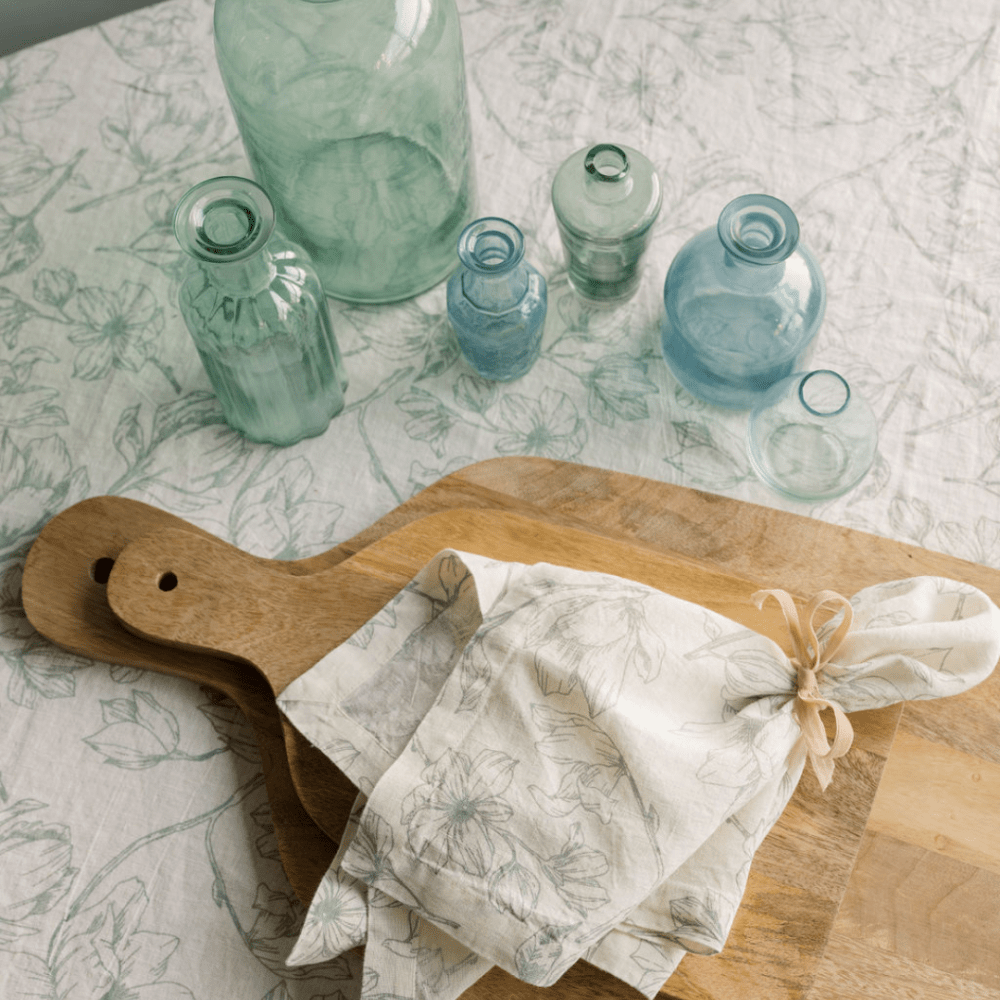 Grey and Green Lilies Linen Tablecloth
