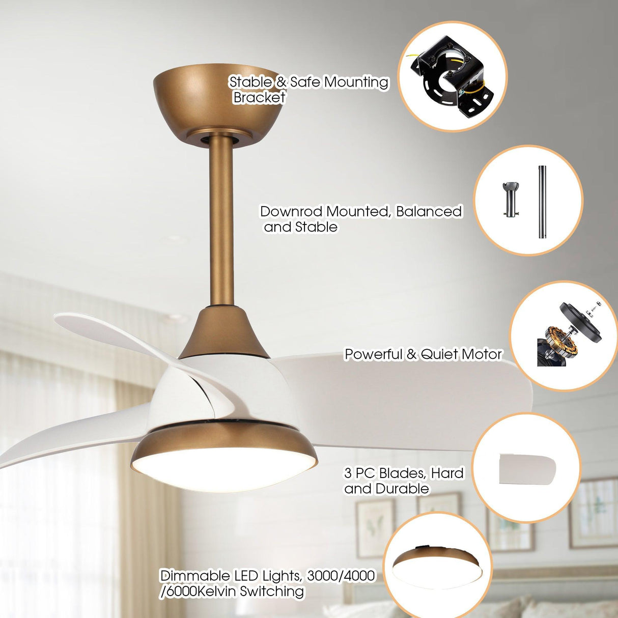 28" Modern DC Motor Downrod Mount Reversible Ceiling Fan with LED Lighting and Remote Control