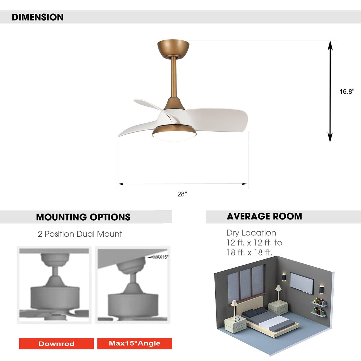 28" Modern DC Motor Downrod Mount Reversible Ceiling Fan with LED Lighting and Remote Control