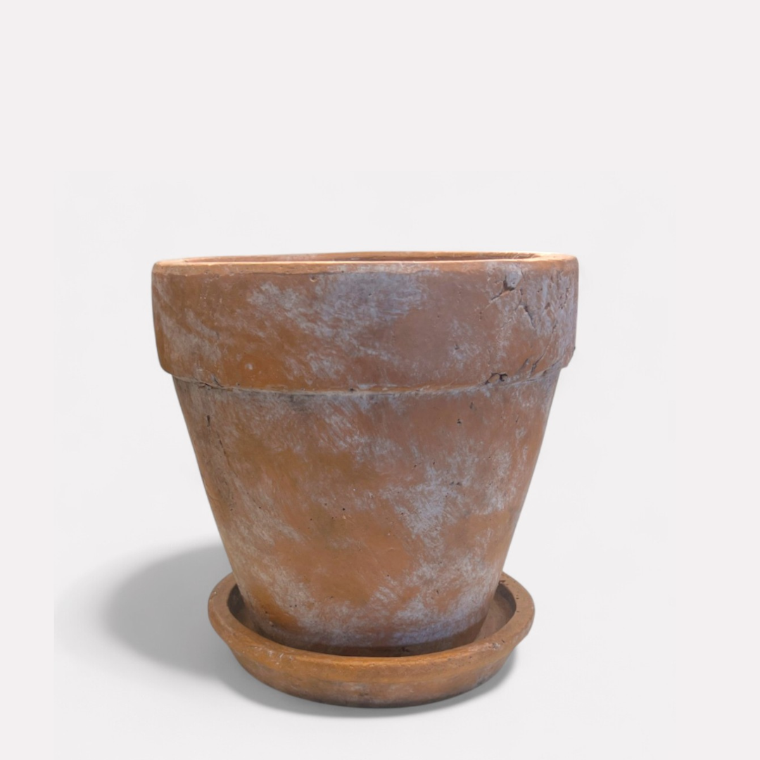 Venice Cement Planter with Dish and Drainage Hole, Handcrafted in Aged Terracotta, Large & Medium