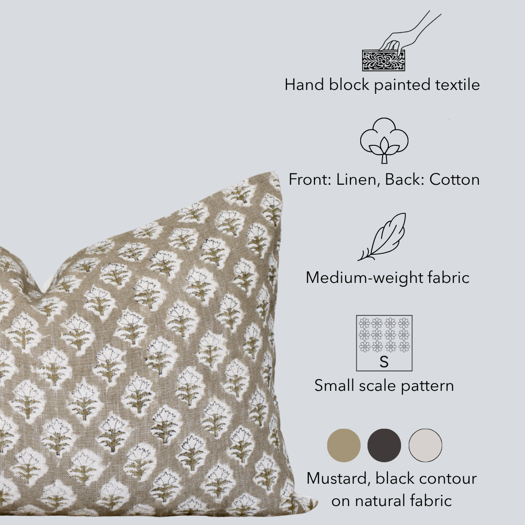 Rhea Floral Block Printed Pillow Cover | Mustard | Lumbar
