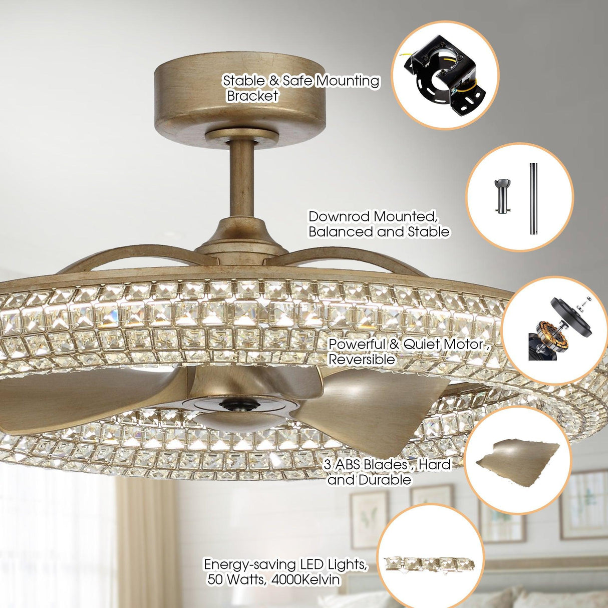 33" Modern DC Motor Crystal Ceiling Fan with Lighting and Remote Control