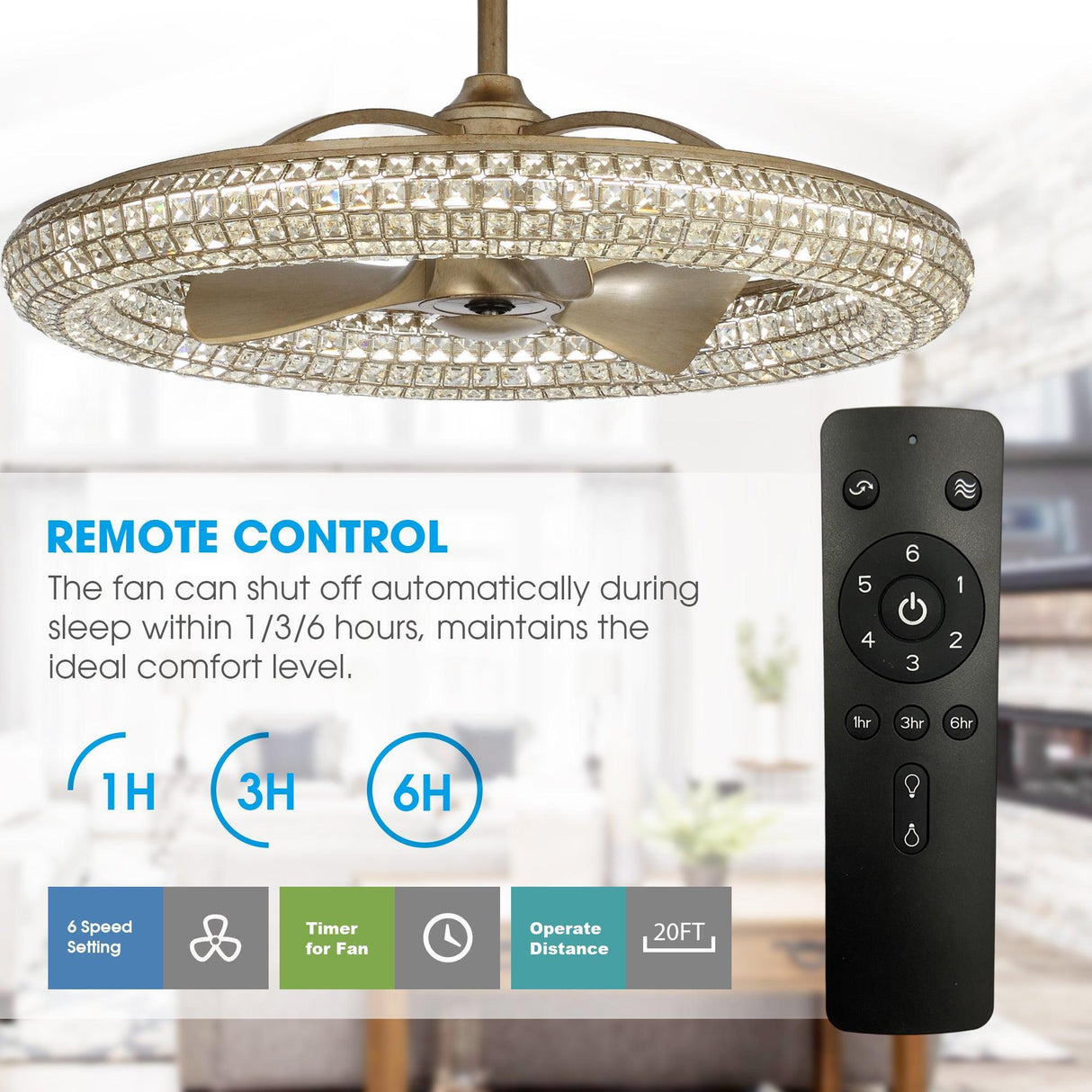 33" Modern DC Motor Crystal Ceiling Fan with Lighting and Remote Control