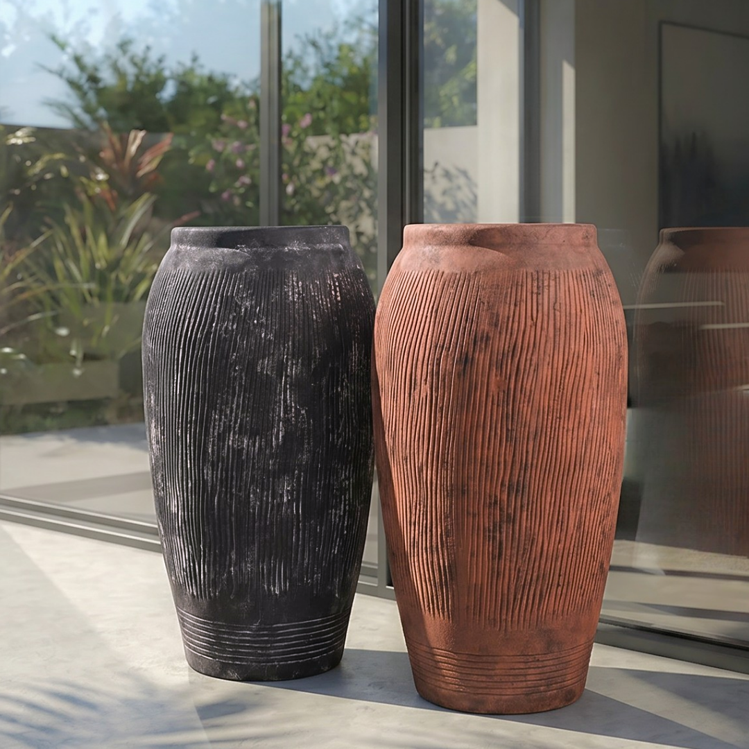 Pompeii Colossus, Fiber Clay Vessel in Burnt Sienna, Weathered Black or Aged Gray, 11"D x 20"H