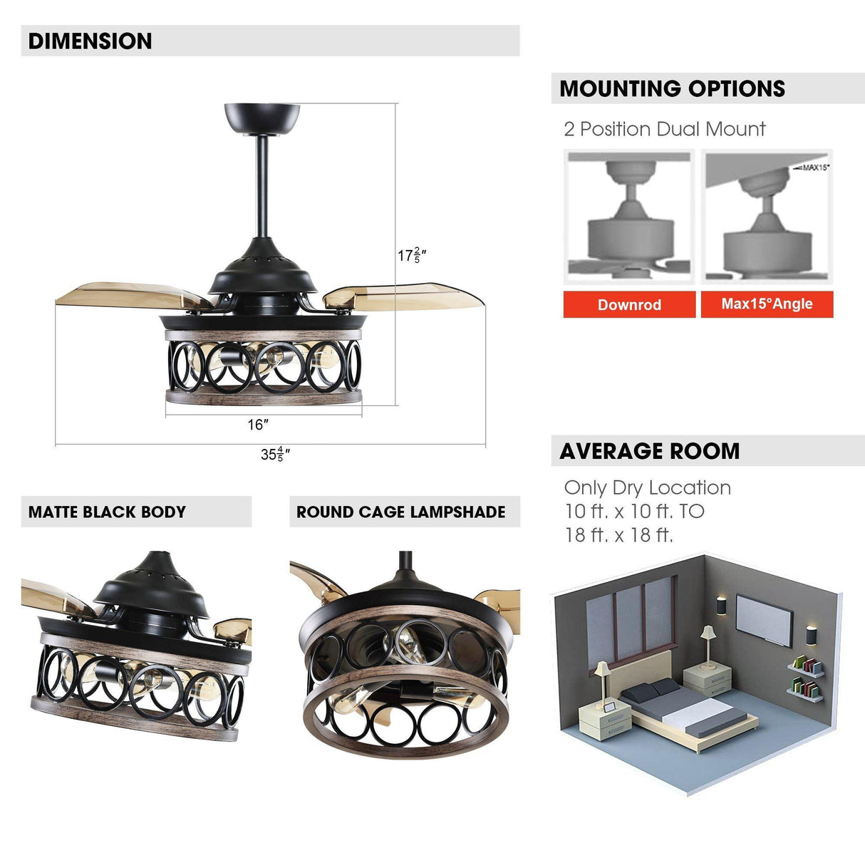36" Mirelle Farmhouse Downrod Mount Ceiling Fan with Lighting and Remote Control