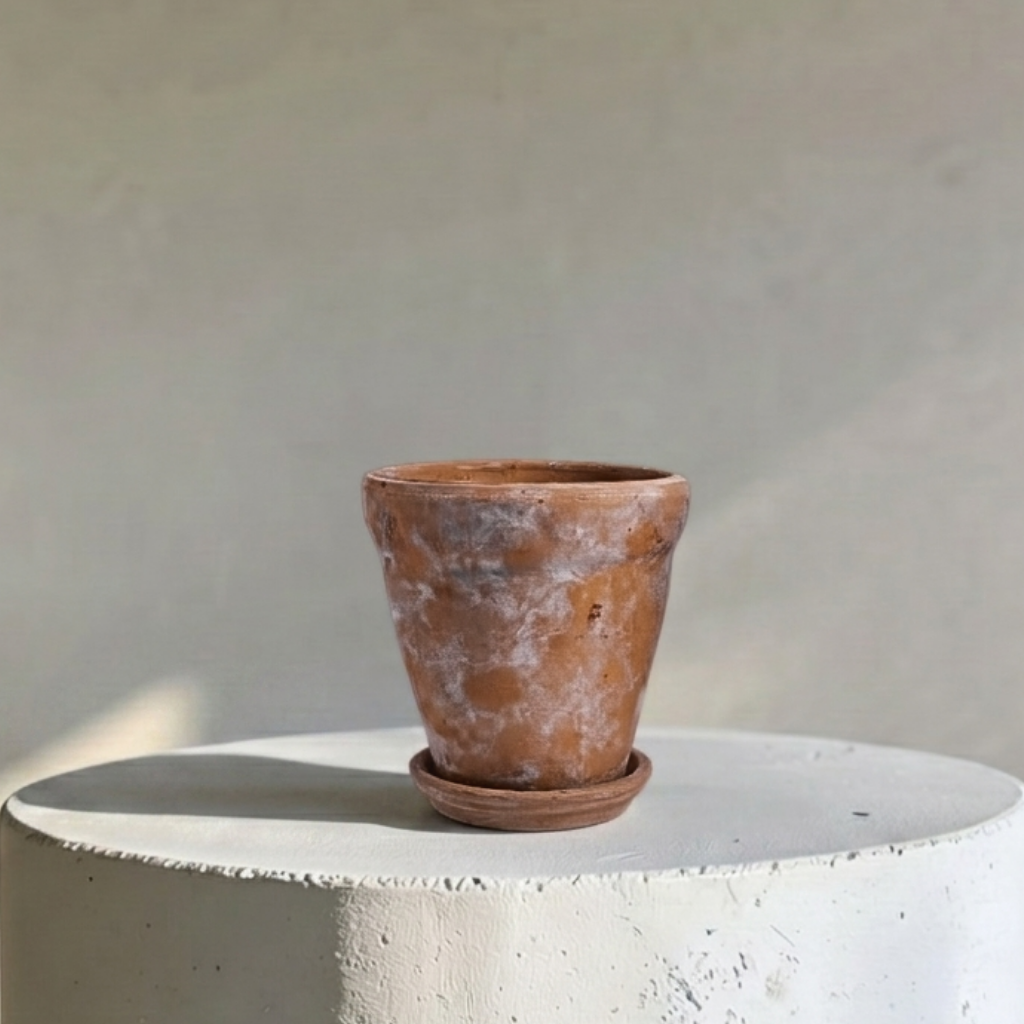 Venice Cement Planter with Dish and Drainage Hole, Handcrafted in Aged Terracotta, Large & Medium