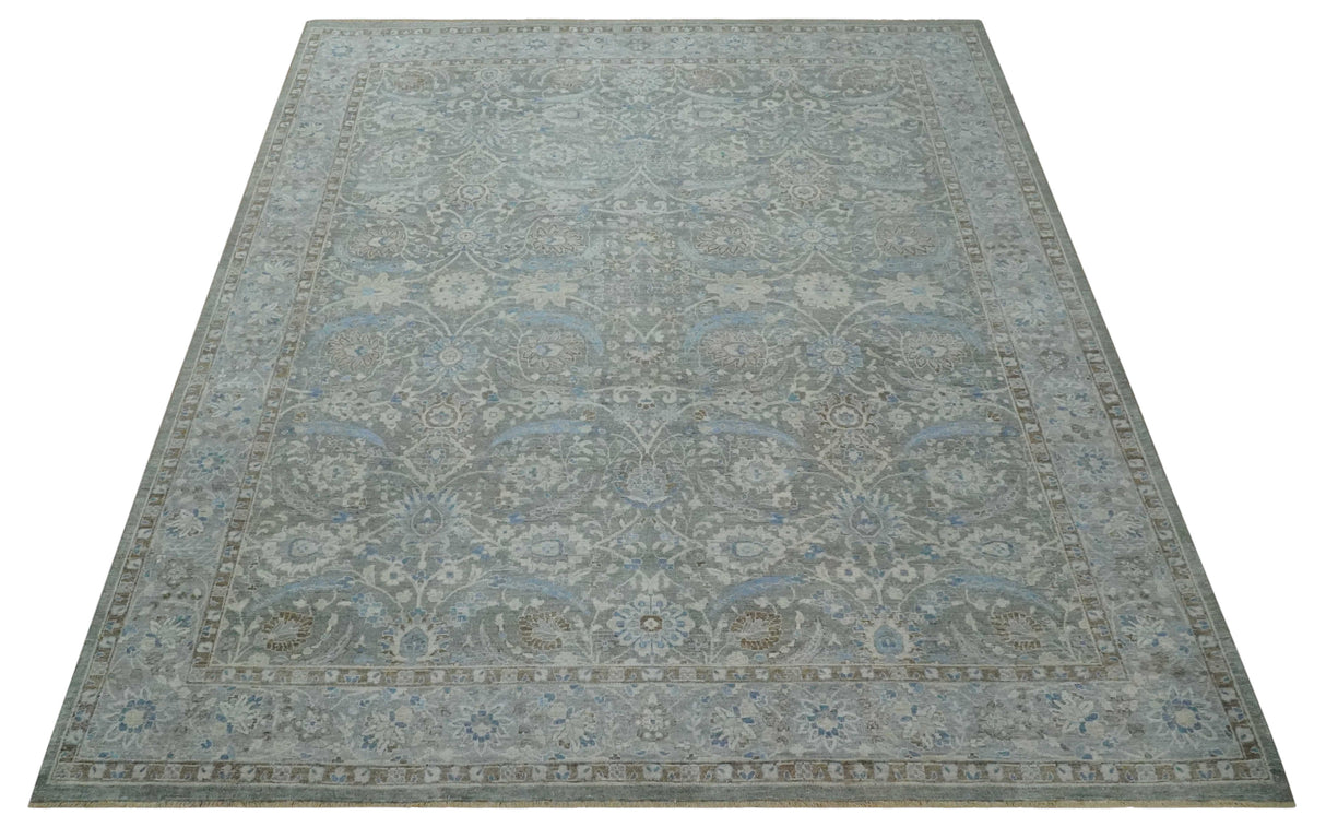 Antique Style Blue, Gray and Beige Hand knotted Classic Distressed Finished Custom Made wool Area Rug