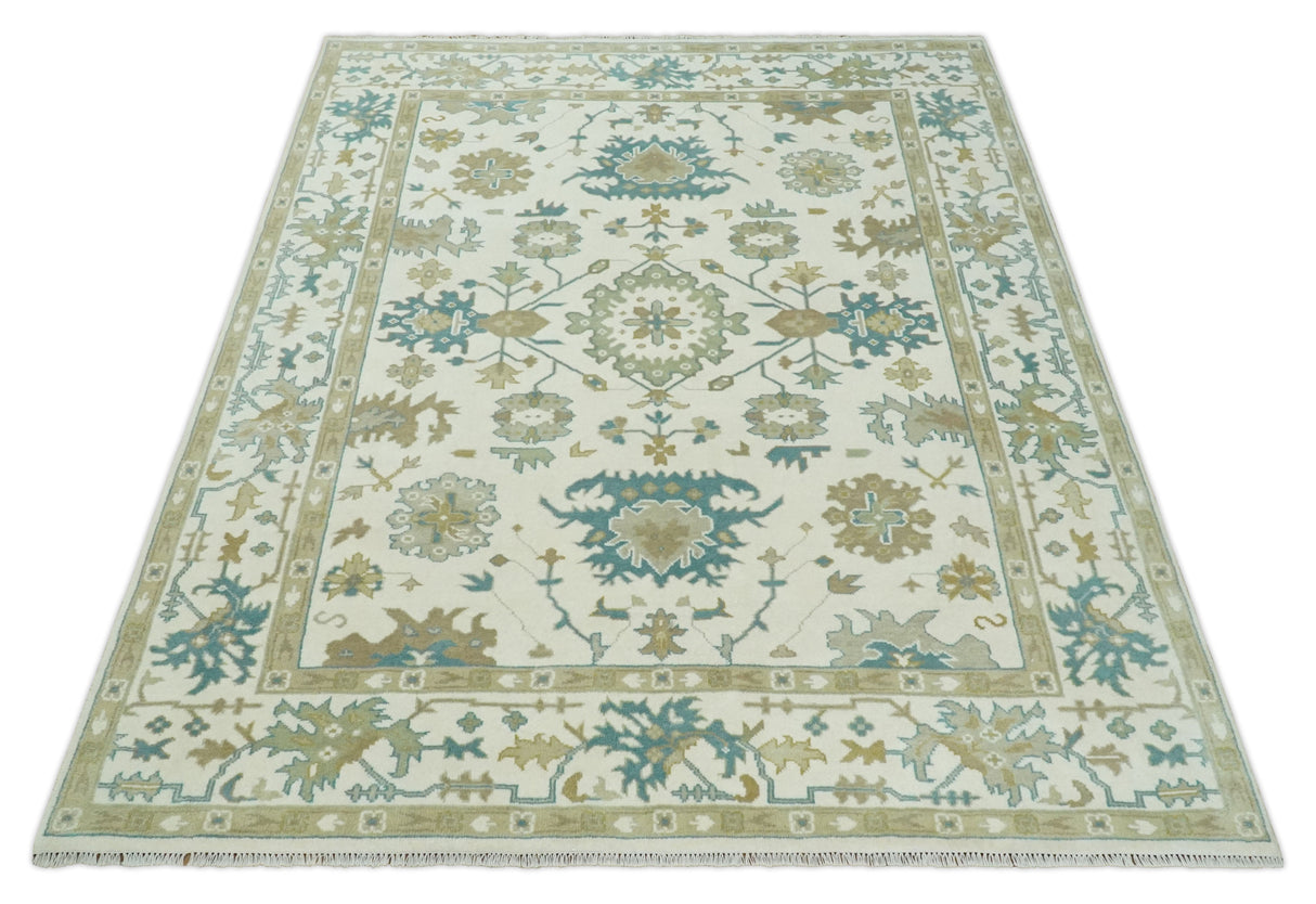 Hand Knotted Ivory, Beige and Teal Antique look Traditional Oushak Multi Size Wool Area Rug