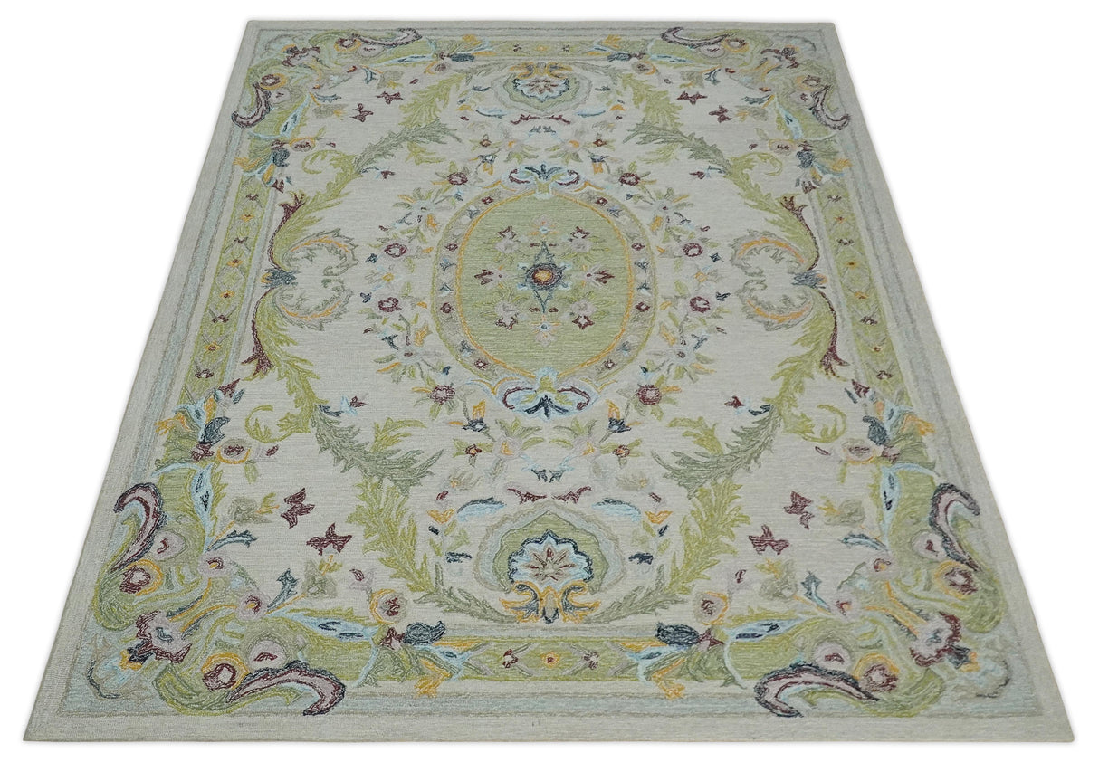 Ivory and Green Custom Made French Design Aubusson Hand Tufted Wool Area Rug