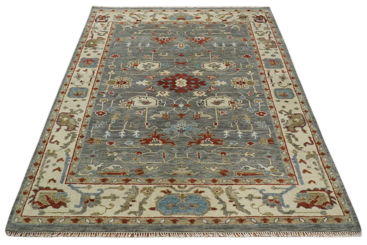 Hand Knotted Living Room Rug Charcoal, Red and Beige Traditional Vintage Style Custom Made Wool Area Rug