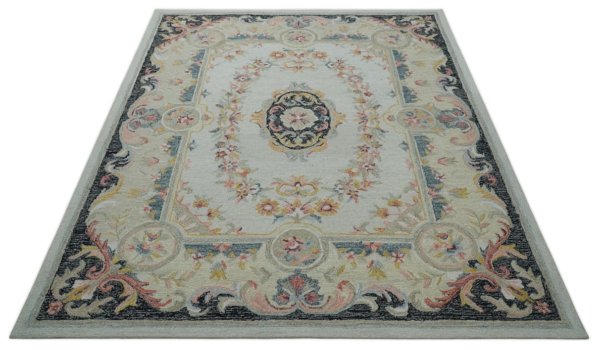 French Design Aubusson Custom Made Ivory, Light Green and Charcoal Hand Tufted wool Area Rug