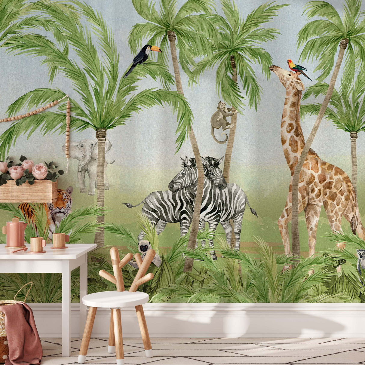 Safari Animals Wall Mural - Giraffe, Zebras, Elephant and Tiger