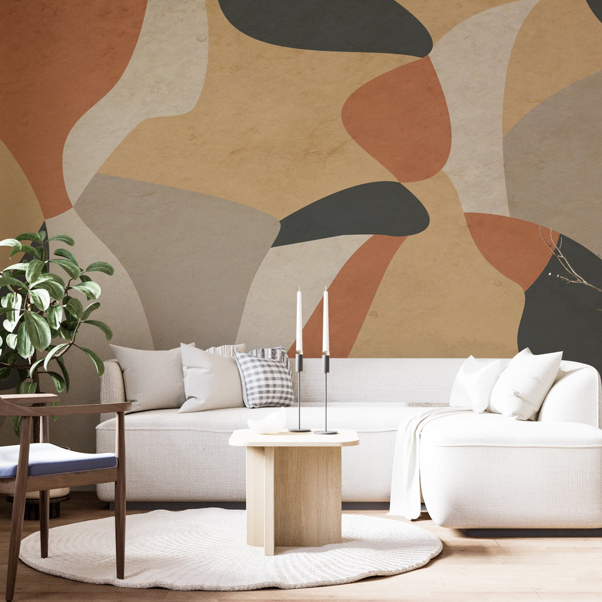 Modern Abstract Wallpaper - Organic Earth Tones with Flowing Shapes Wall Mural