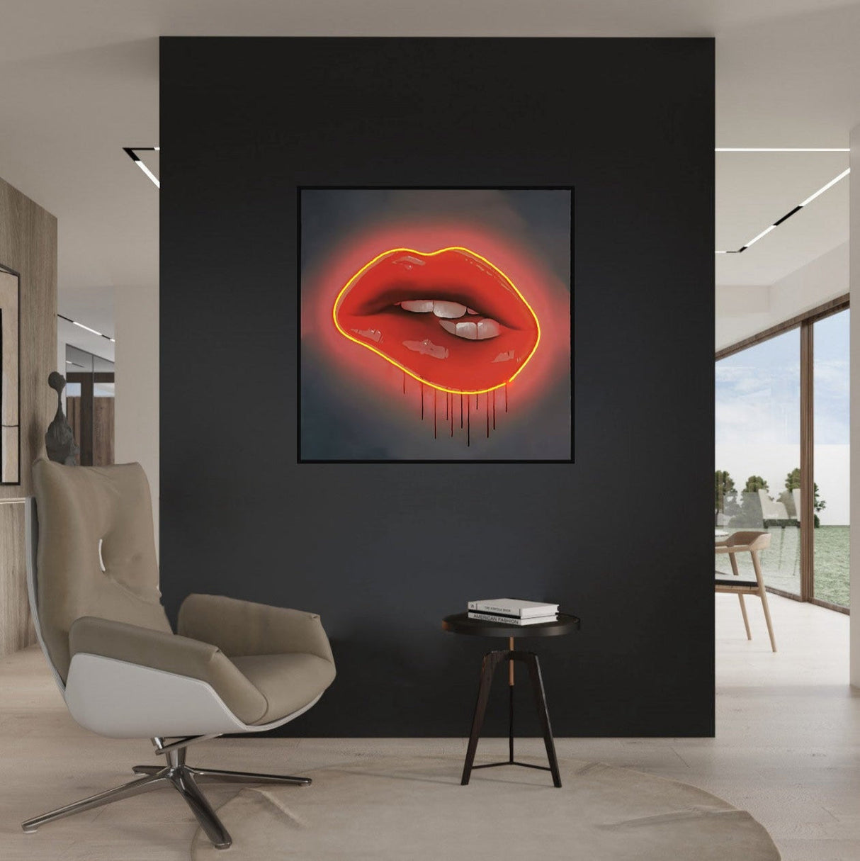 Red Lips LED Wall Art | Lip Biting Red LED Canvas with Paint Drip