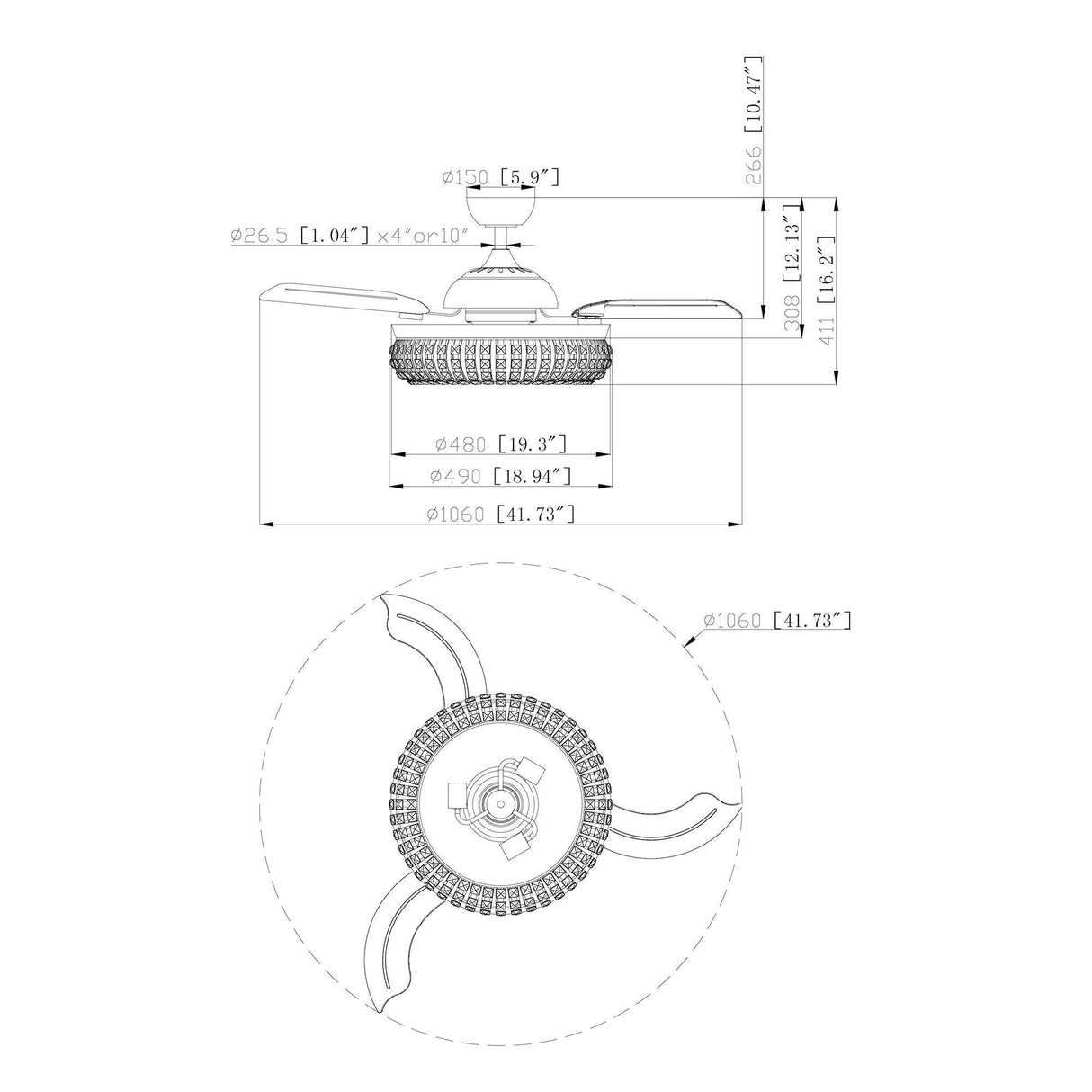 42" Modern Downrod Mount Crystal Ceiling Fan with Lighting and Remote Control