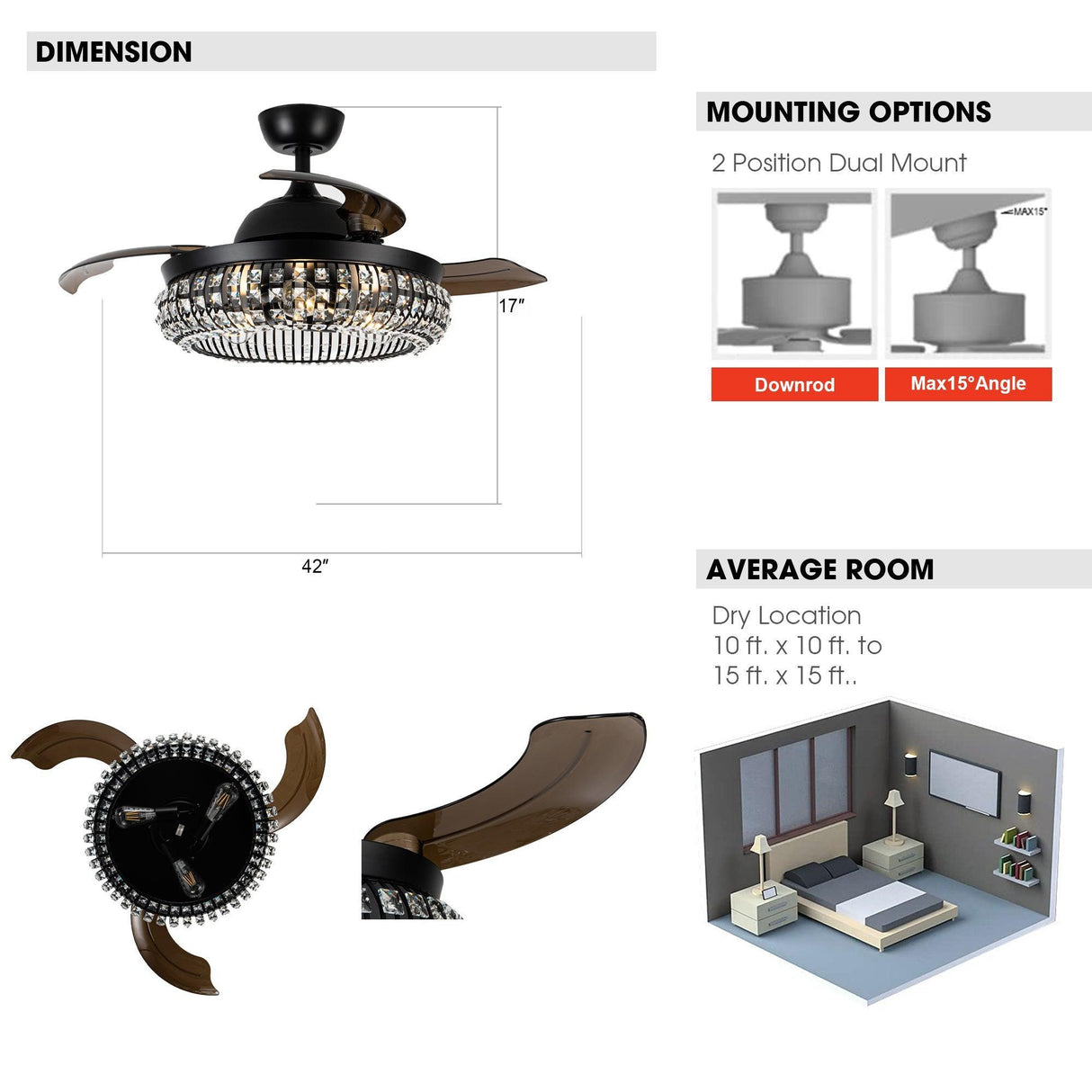 42" Modern Downrod Mount Crystal Ceiling Fan with Lighting and Remote Control