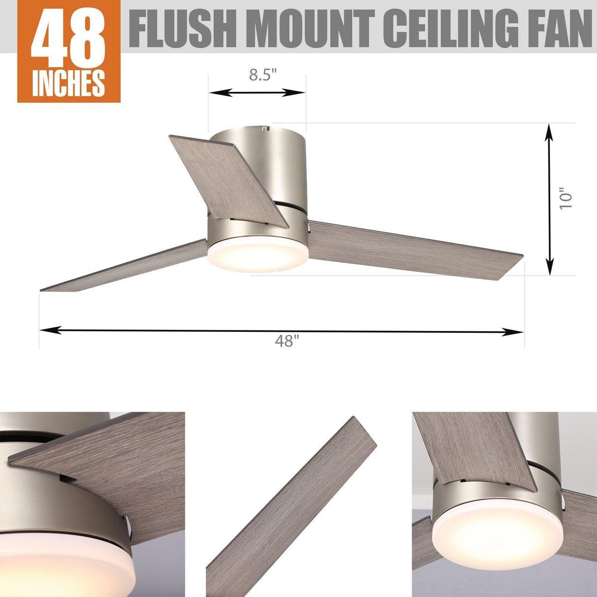 48" Satin Nickel Flush Mount Low Profile Ceiling Fan with LED Lighting