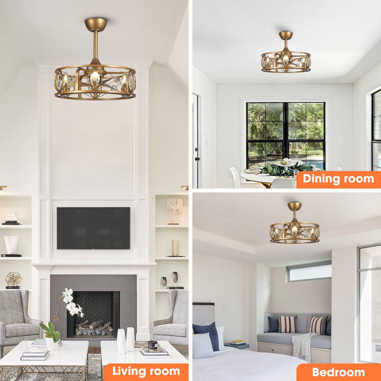 22" Kashmir Modern Glod Reversible Crystal Fandelier Ceiling Fan with Lighting and Remote Control