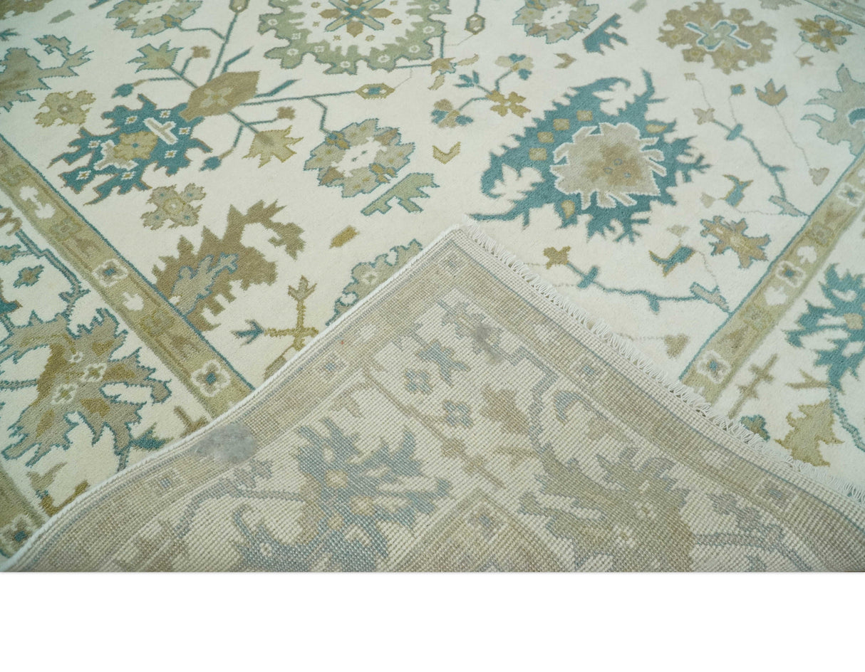 Hand Knotted Ivory, Beige and Teal Antique look Traditional Oushak Multi Size Wool Area Rug
