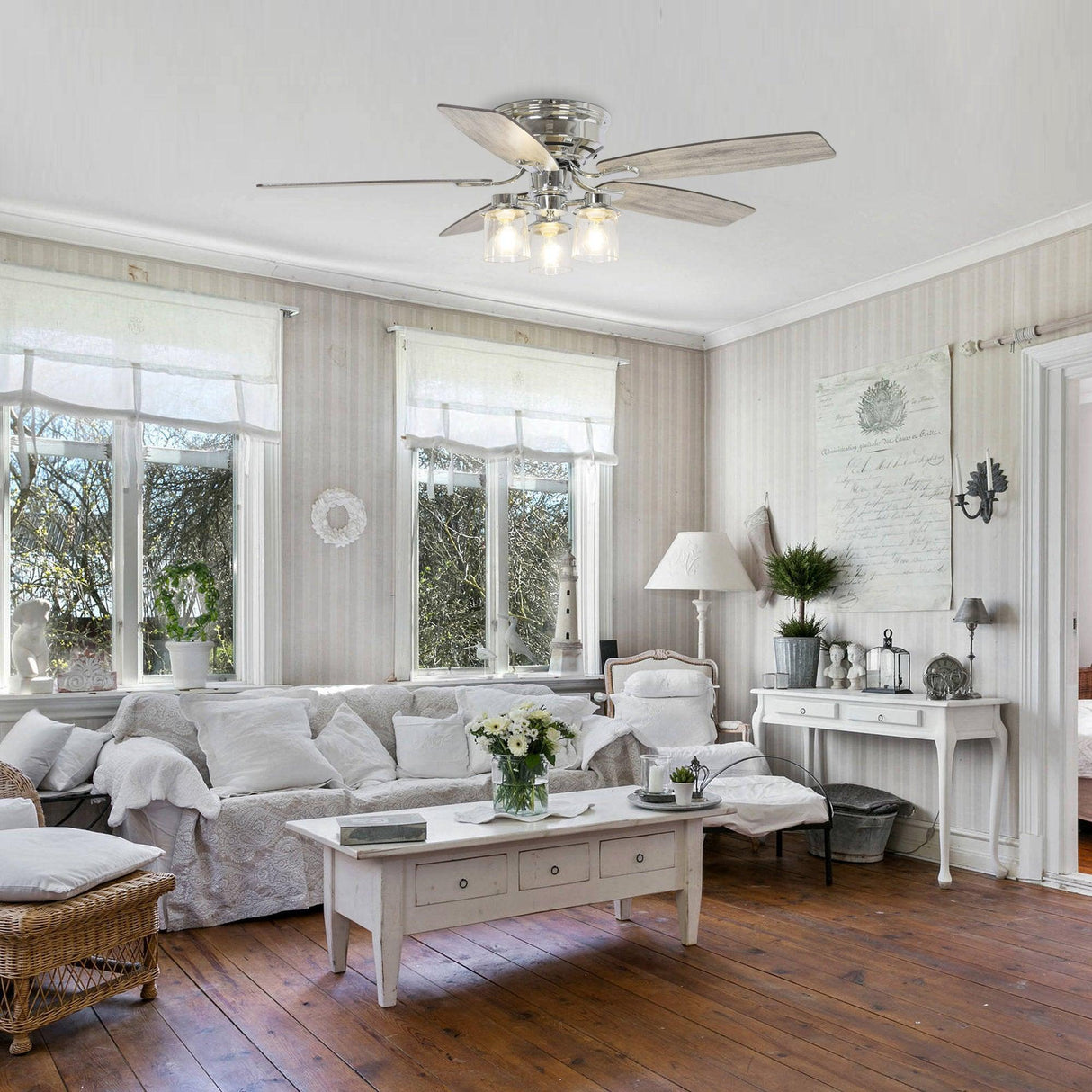 52" Bangatore Traditional Chrome Flush Mount Reversible Ceiling Fan with Lighting and Remote Control