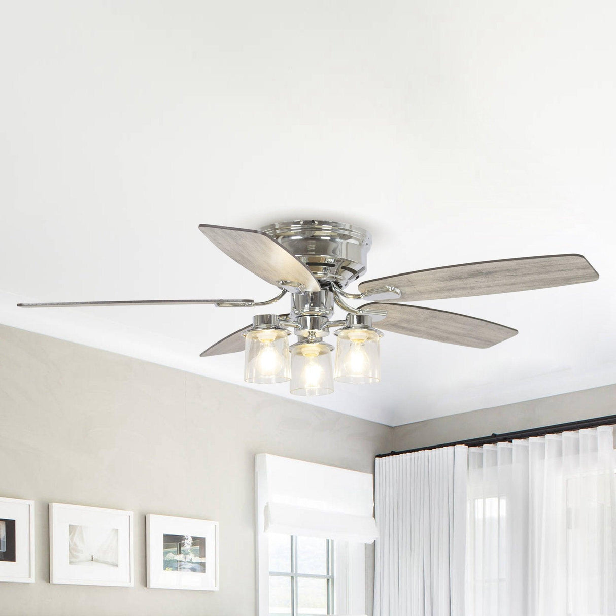 52" Bangatore Traditional Chrome Flush Mount Reversible Ceiling Fan with Lighting and Remote Control