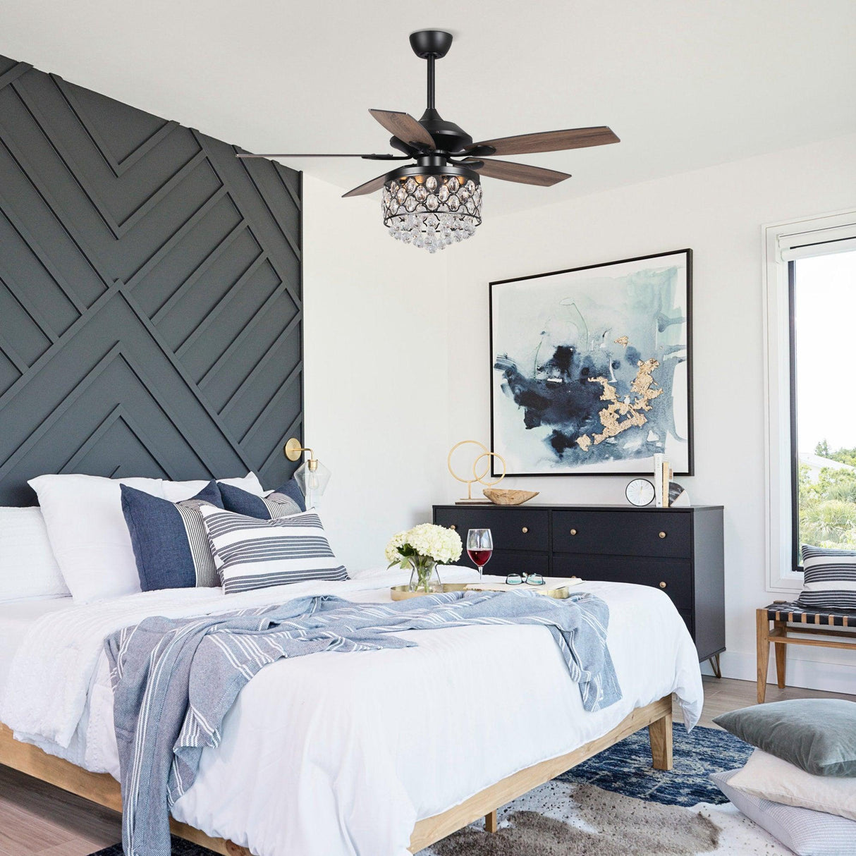 52" Berkshire Modern Downrod Mount Reversible Crystal Ceiling Fan with Lighting and Remote Control