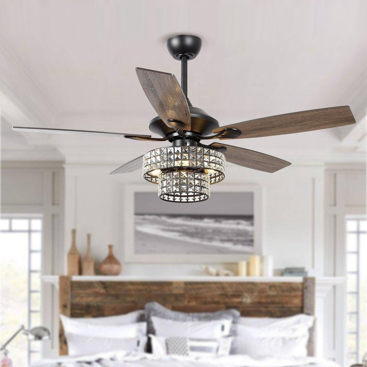52" Nowthen Modern Crystal Chandelier Ceiling Fan With Led Light And Remote Control 5 Blades Chrome