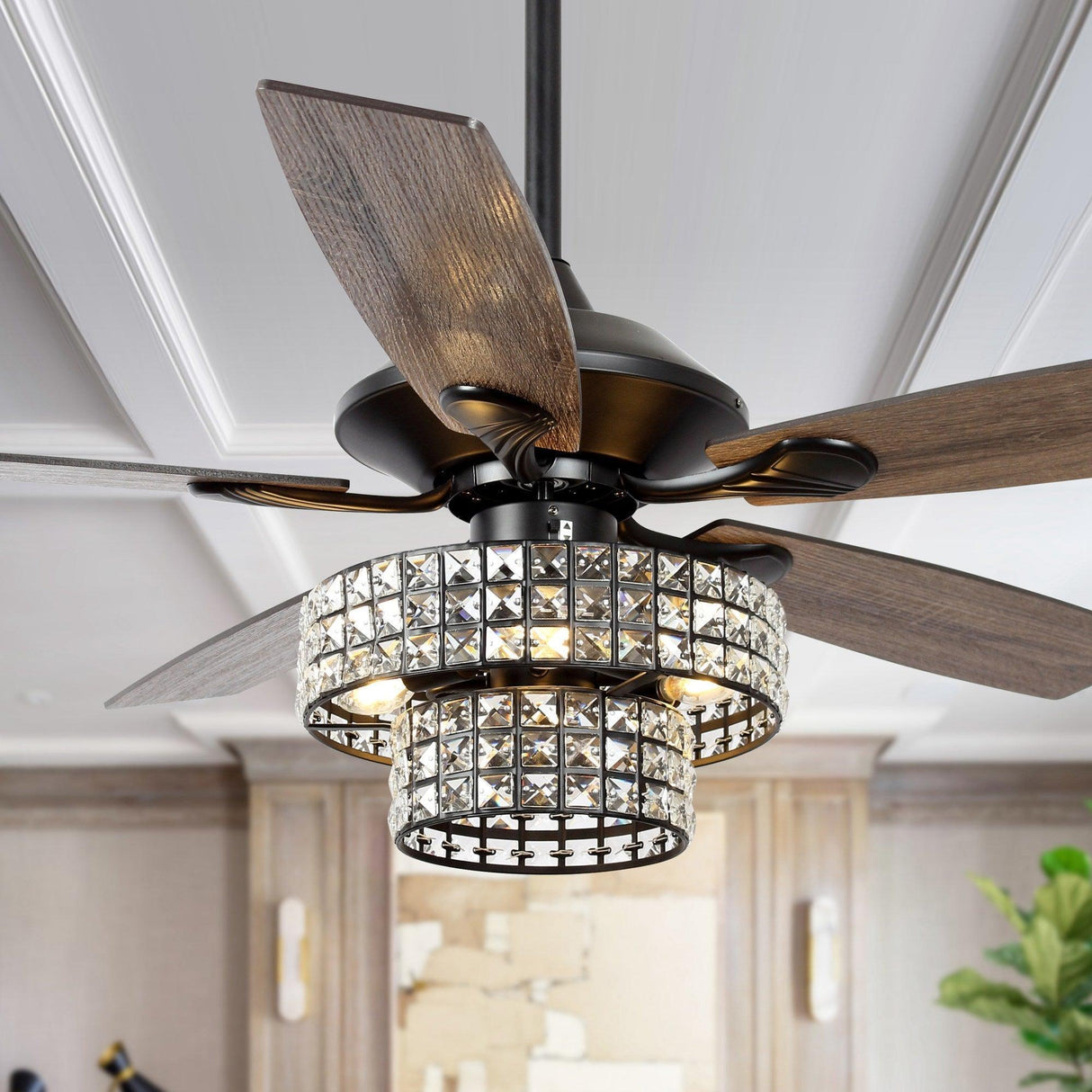 52" Nowthen Modern Crystal Chandelier Ceiling Fan With Led Light And Remote Control 5 Blades Chrome