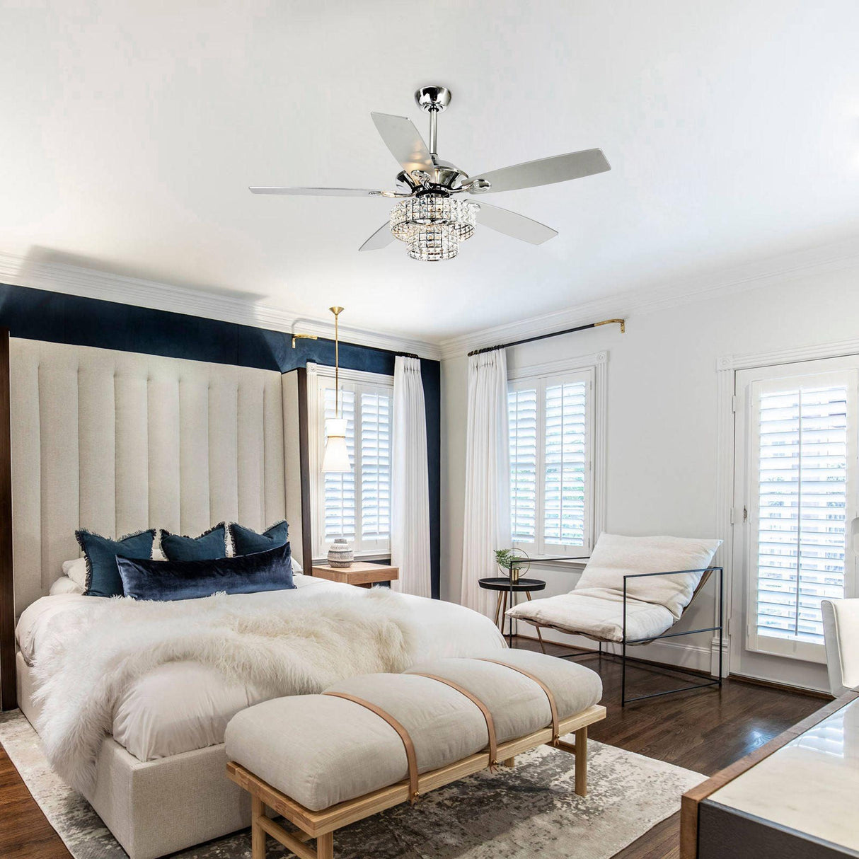 52" Nowthen Modern Crystal Chandelier Ceiling Fan With Led Light And Remote Control 5 Blades Chrome