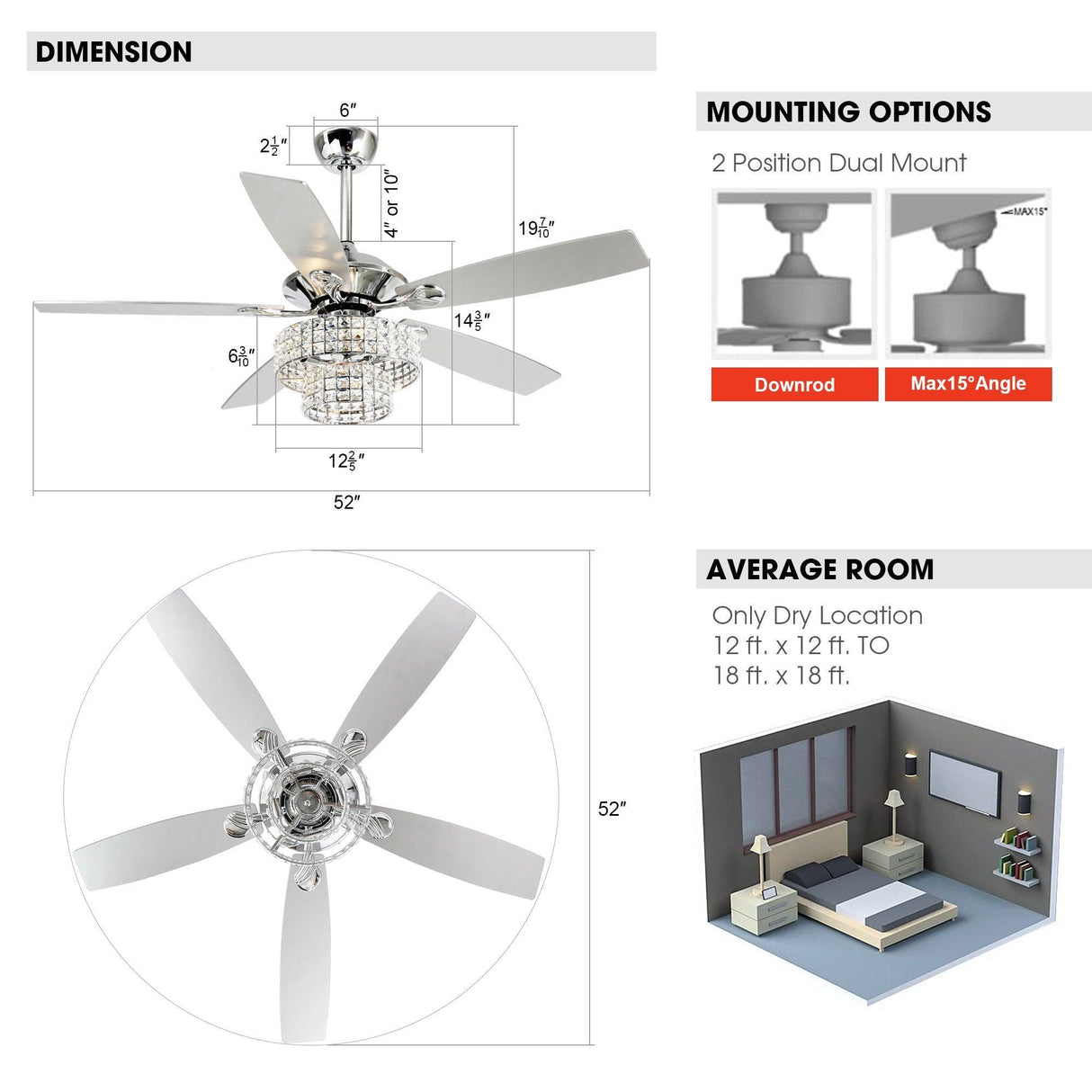 52" Nowthen Modern Crystal Chandelier Ceiling Fan With Led Light And Remote Control 5 Blades Chrome