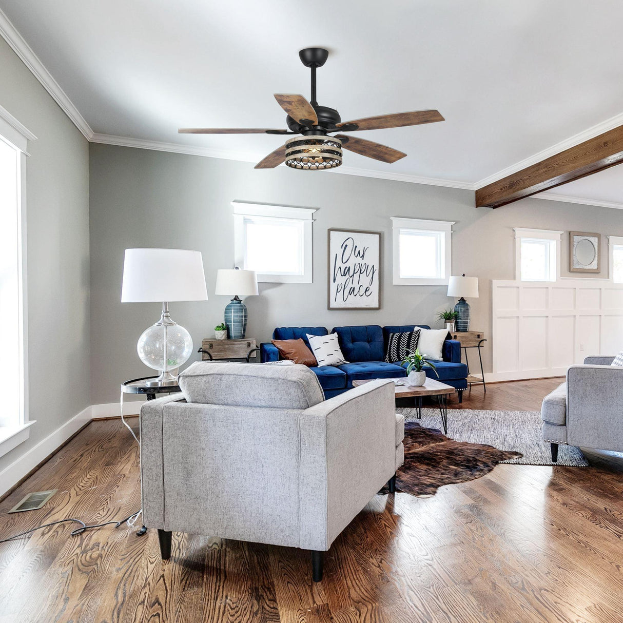 52" Matte Black Led Indoor Cage Ceiling Fan 5 Blade